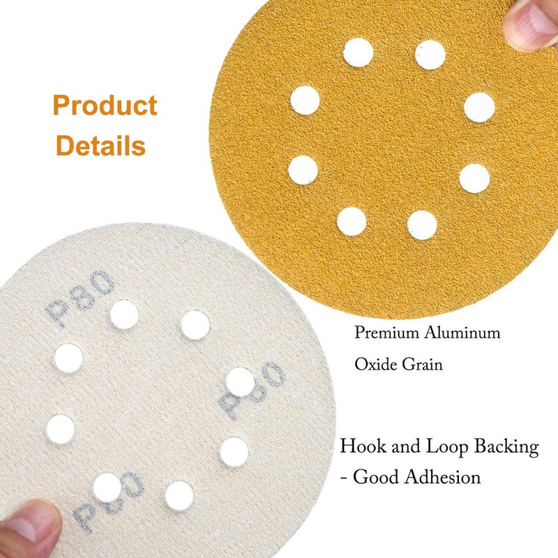 Aiyard 5-Inch 8-Hole Hook and Loop Sanding Discs 80-Grit Random Orbit Sandpaper, 50-Pack - Image 5